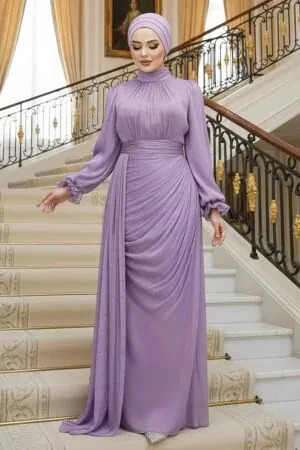 Tesettürlü Abiye Elbise - Drape Detaylı Lila Tesettür Abiye Elbise 4934LILA 