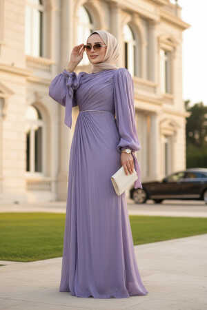 Tesettürlü Abiye Elbise - Drape Detaylı Lila Tesettür Abiye Elbise 50193LILA 