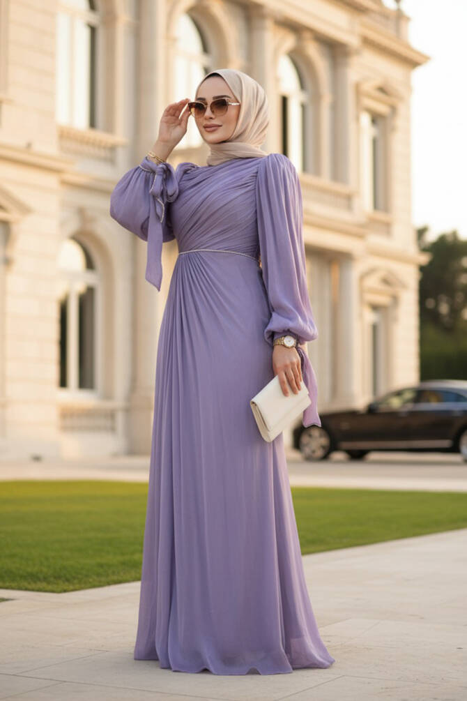 Tesettürlü Abiye Elbise - Drape Detaylı Lila Tesettür Abiye Elbise 50193LILA - 1