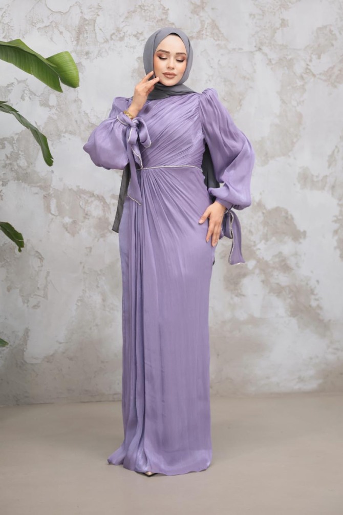 Tesettürlü Abiye Elbise - Drape Detaylı Lila Tesettür Abiye Elbise 50193LILA - TESETTÜRLÜ ABİYE ELBİSELER