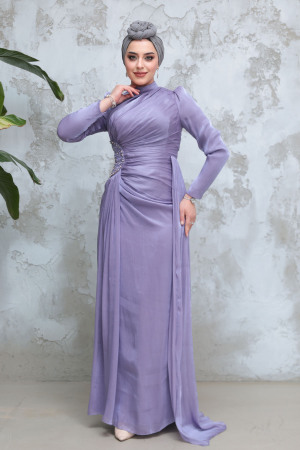 Tesettürlü Abiye Elbise - Drape Detaylı Lila Tesettür Abiye Elbise 51481LILA 