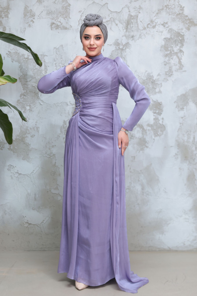 Tesettürlü Abiye Elbise - Drape Detaylı Lila Tesettür Abiye Elbise 51481LILA - TESETTÜRLÜ ABİYE ELBİSELER