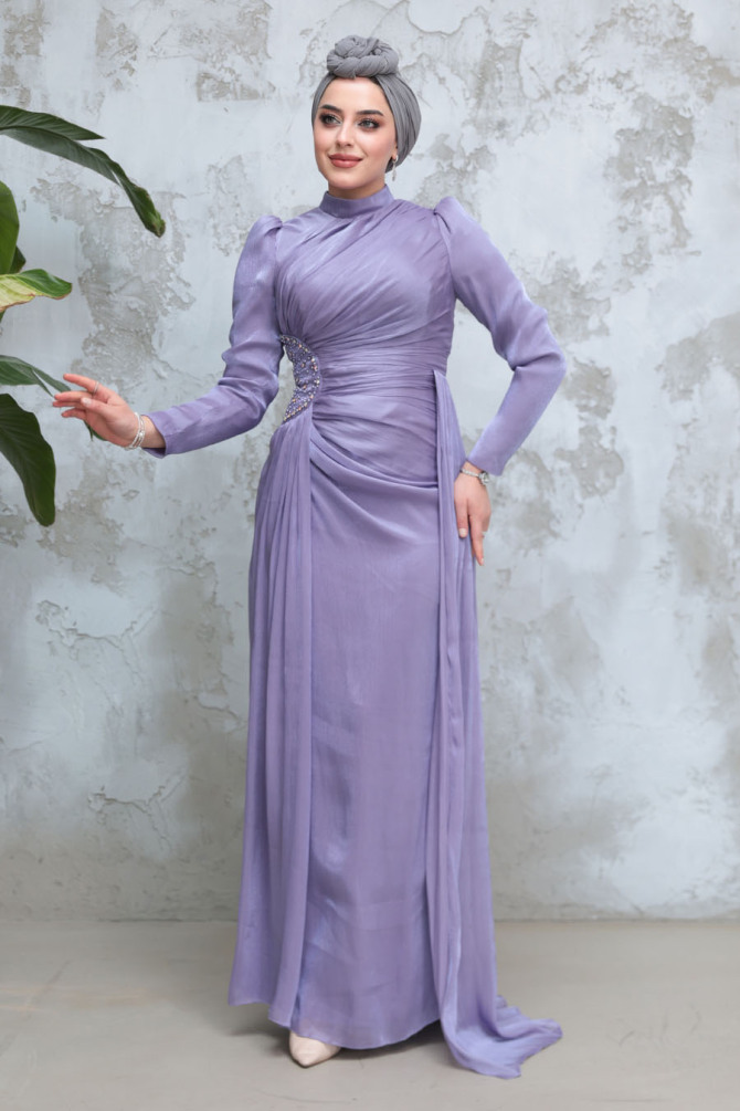 Tesettürlü Abiye Elbise - Drape Detaylı Lila Tesettür Abiye Elbise 51481LILA - 2