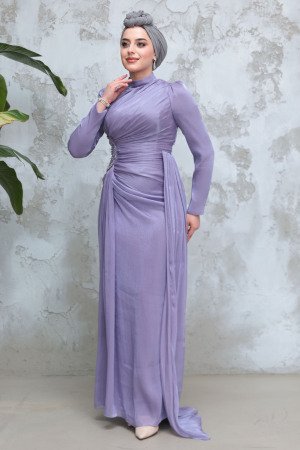 Tesettürlü Abiye Elbise - Drape Detaylı Lila Tesettür Abiye Elbise 51481LILA - 3