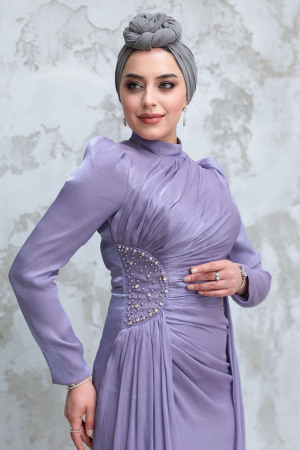 Tesettürlü Abiye Elbise - Drape Detaylı Lila Tesettür Abiye Elbise 51481LILA - 4