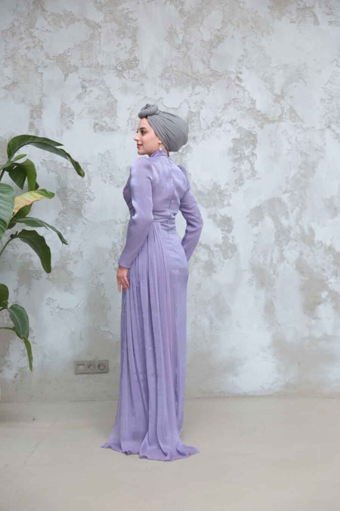 Tesettürlü Abiye Elbise - Drape Detaylı Lila Tesettür Abiye Elbise 51481LILA - 5