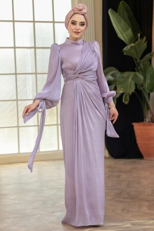 Tesettürlü Abiye Elbise - Drape Detaylı Lila Tesettür Abiye Elbise 52285LILA 