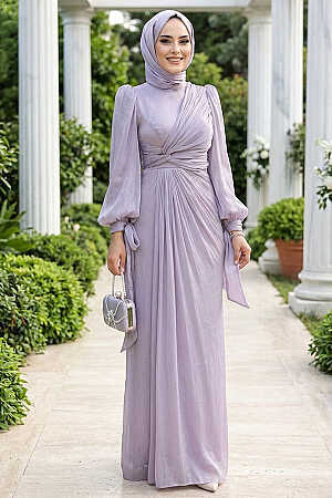 Tesettürlü Abiye Elbise - Drape Detaylı Lila Tesettür Abiye Elbise 52285LILA 