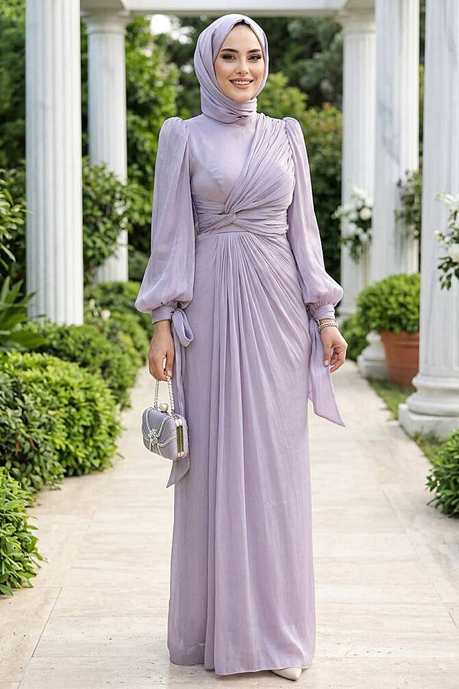 Tesettürlü Abiye Elbise - Drape Detaylı Lila Tesettür Abiye Elbise 52285LILA - 1