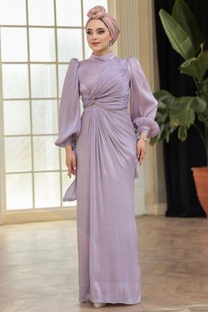 Tesettürlü Abiye Elbise - Drape Detaylı Lila Tesettür Abiye Elbise 52285LILA - 3