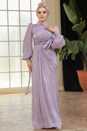 Tesettürlü Abiye Elbise - Drape Detaylı Lila Tesettür Abiye Elbise 52285LILA - 4