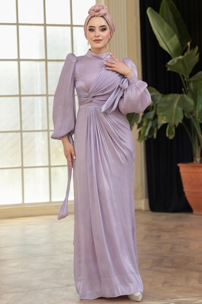 Tesettürlü Abiye Elbise - Drape Detaylı Lila Tesettür Abiye Elbise 52285LILA - 4