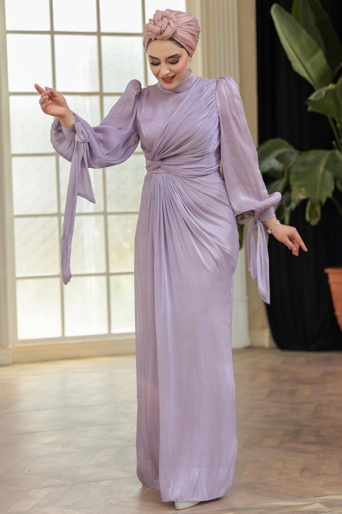 Tesettürlü Abiye Elbise - Drape Detaylı Lila Tesettür Abiye Elbise 52285LILA - 2