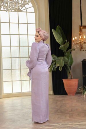 Tesettürlü Abiye Elbise - Drape Detaylı Lila Tesettür Abiye Elbise 52285LILA - 5