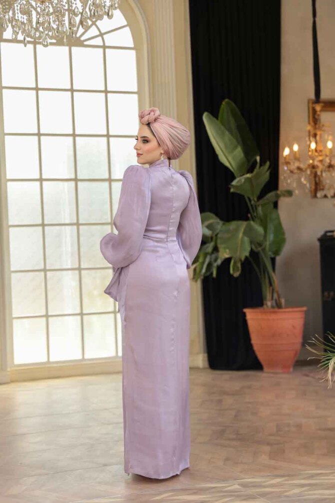 Tesettürlü Abiye Elbise - Drape Detaylı Lila Tesettür Abiye Elbise 52285LILA - 5