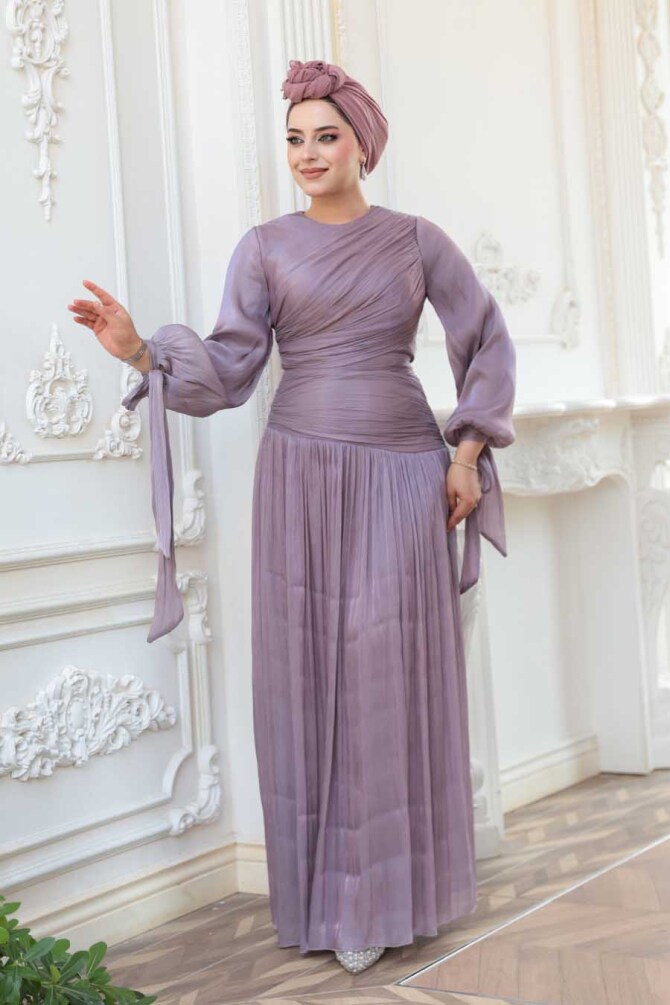 Tesettürlü Abiye Elbise - Drape Detaylı Lila Tesettür Abiye Elbise 53631LILA - 1