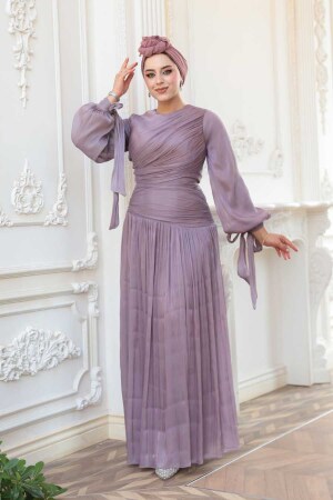 Tesettürlü Abiye Elbise - Drape Detaylı Lila Tesettür Abiye Elbise 53631LILA - 3