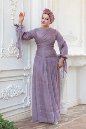 Tesettürlü Abiye Elbise - Drape Detaylı Lila Tesettür Abiye Elbise 53631LILA - 2