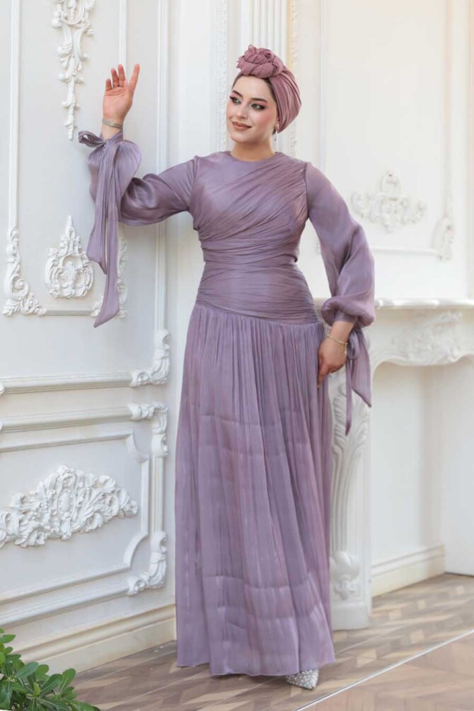 Tesettürlü Abiye Elbise - Drape Detaylı Lila Tesettür Abiye Elbise 53631LILA - 2