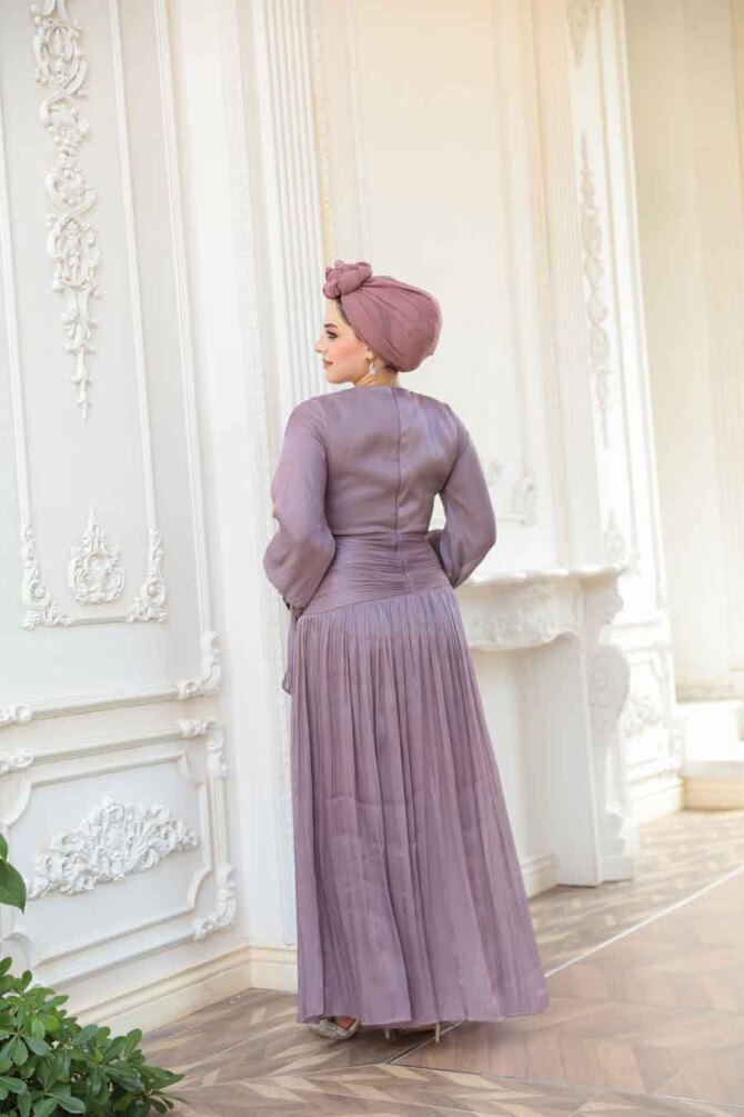 Tesettürlü Abiye Elbise - Drape Detaylı Lila Tesettür Abiye Elbise 53631LILA - 4