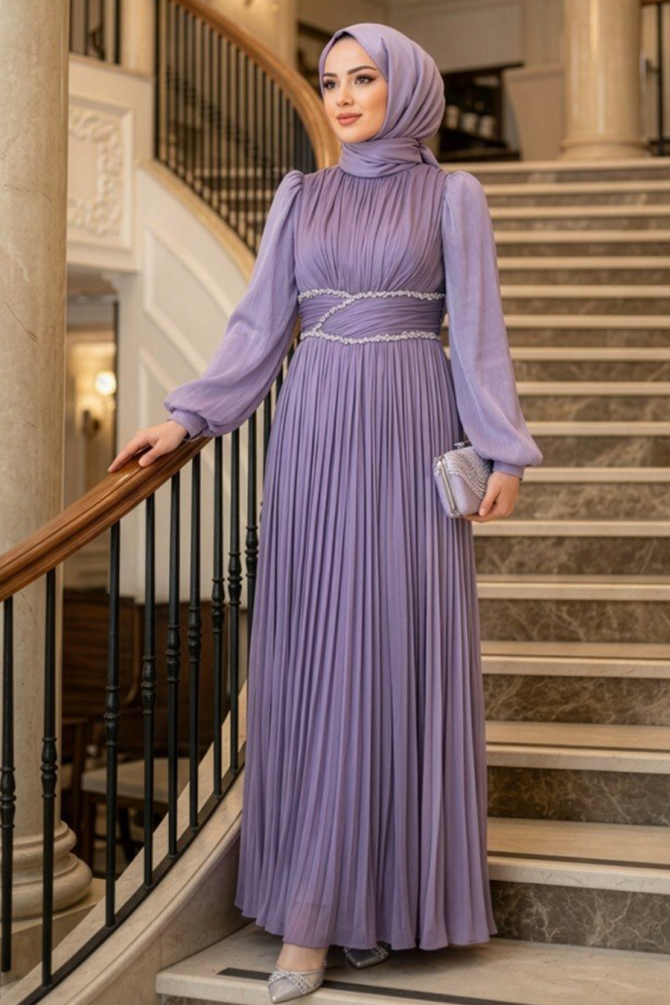 Tesettürlü Abiye Elbise - Drape Detaylı Lila Tesettür Abiye Elbise 54041LILA - 1