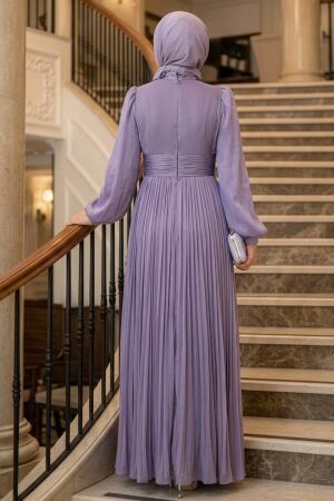 Tesettürlü Abiye Elbise - Drape Detaylı Lila Tesettür Abiye Elbise 54041LILA - 2