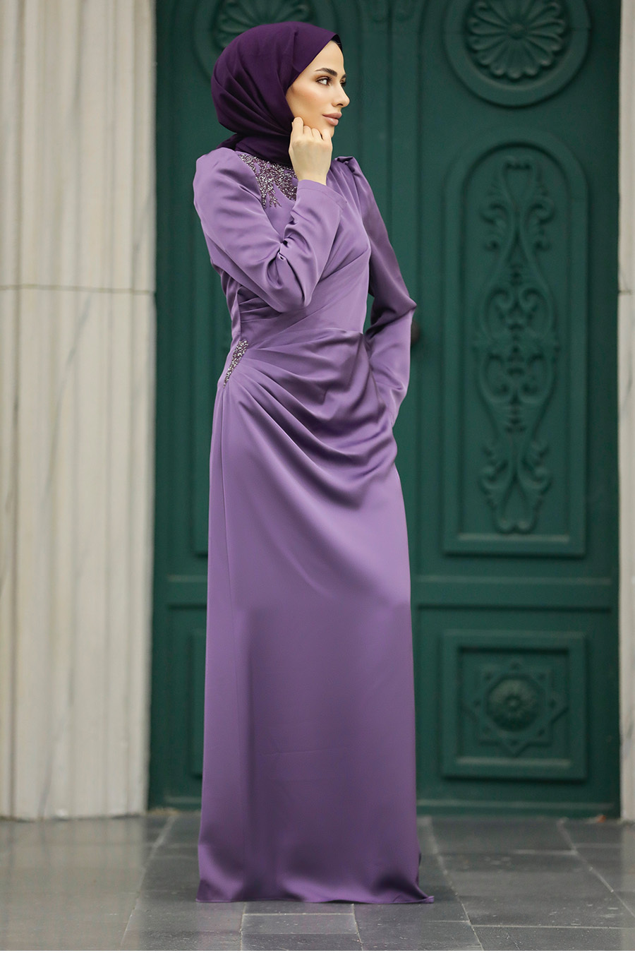 Tesettürlü Abiye Elbise - Drape Detaylı Lila Tesettür Saten Abiye Elbise 40773LILA
