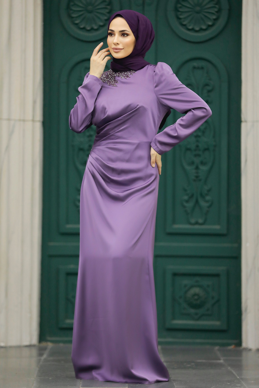 Tesettürlü Abiye Elbise - Drape Detaylı Lila Tesettür Saten Abiye Elbise 40773LILA