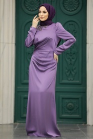 Tesettürlü Abiye Elbise - Drape Detaylı Lila Tesettür Saten Abiye Elbise 40773LILA - Thumbnail