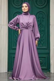 Tesettürlü Abiye Elbise - Drape Detaylı Lila Tesettür Saten Abiye Elbise 5926LILA - Thumbnail
