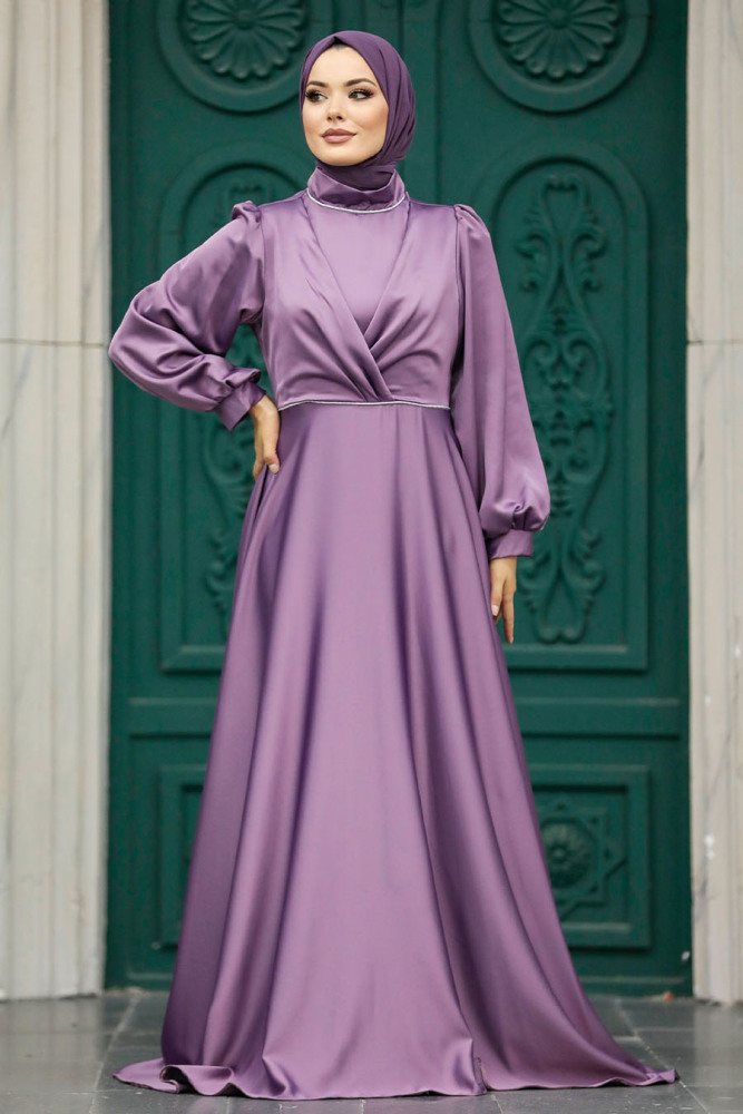 Tesettürlü Abiye Elbise - Drape Detaylı Lila Tesettür Saten Abiye Elbise 5926LILA - 2