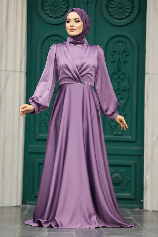 Tesettürlü Abiye Elbise - Drape Detaylı Lila Tesettür Saten Abiye Elbise 5926LILA - 3