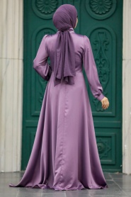 Tesettürlü Abiye Elbise - Drape Detaylı Lila Tesettür Saten Abiye Elbise 5926LILA - Thumbnail
