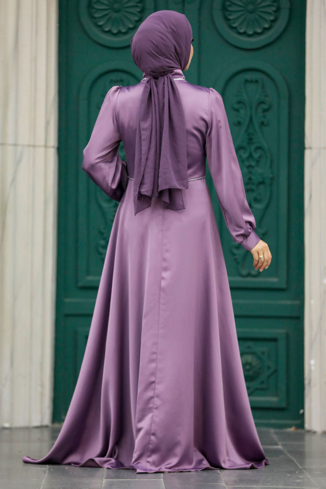 Tesettürlü Abiye Elbise - Drape Detaylı Lila Tesettür Saten Abiye Elbise 5926LILA - 4