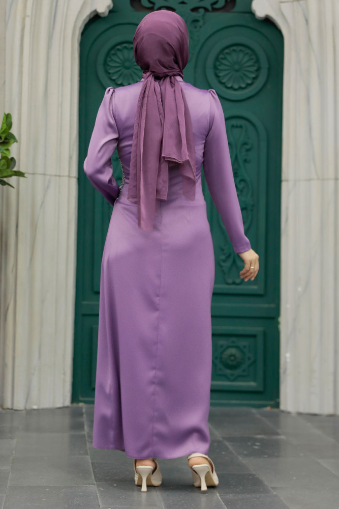 Tesettürlü Abiye Elbise - Drape Detaylı Lila Tesettür Saten Abiye Elbise 5940LILA - 3