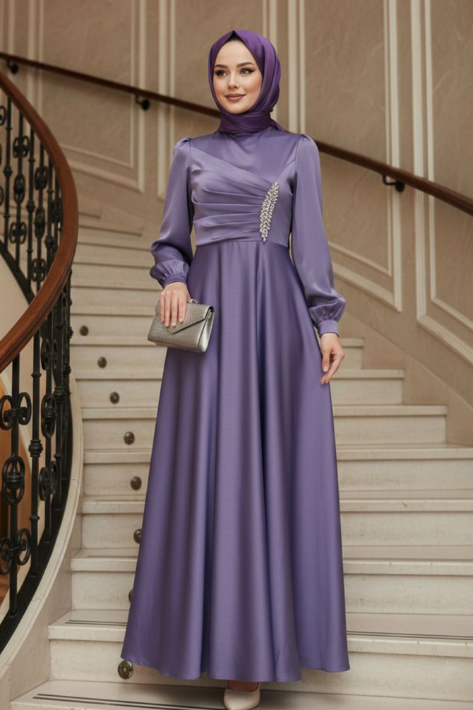 Tesettürlü Abiye Elbise - Drape Detaylı Lila Tesettür Saten Abiye Elbise 6261LILA - 1