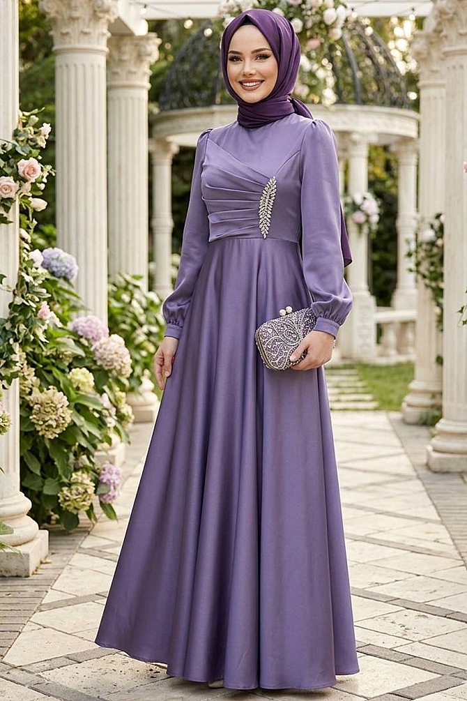Tesettürlü Abiye Elbise - Drape Detaylı Lila Tesettür Saten Abiye Elbise 6261LILA - 1