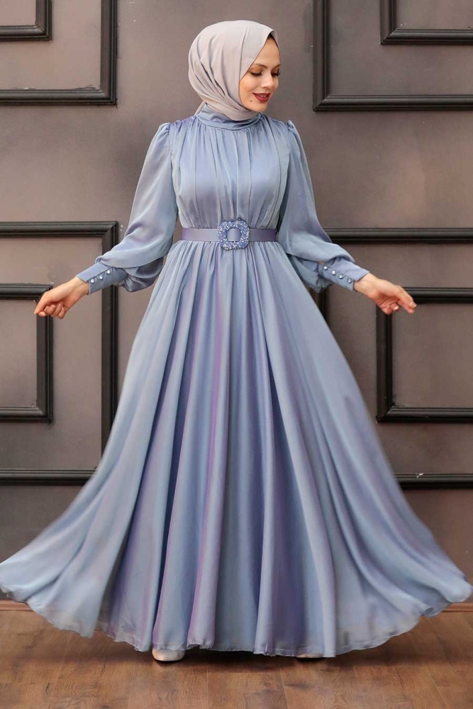 Tesettürlü Abiye Elbise - Drape Detaylı Mavi Tesettür Abiye Elbise 40221M - 2