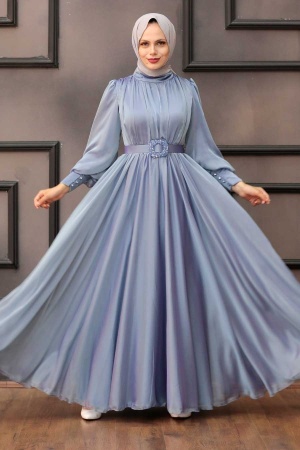 Tesettürlü Abiye Elbise - Drape Detaylı Mavi Tesettür Abiye Elbise 40221M - 1