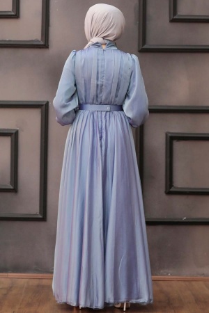 Tesettürlü Abiye Elbise - Drape Detaylı Mavi Tesettür Abiye Elbise 40221M - 3