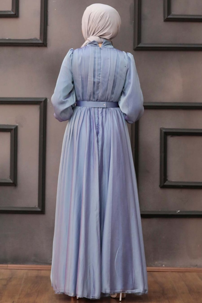 Tesettürlü Abiye Elbise - Drape Detaylı Mavi Tesettür Abiye Elbise 40221M - 3
