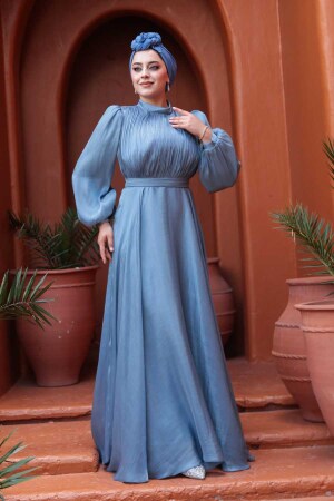 Tesettürlü Abiye Elbise - Drape Detaylı Mavi Tesettür Abiye Elbise 51072M - 2