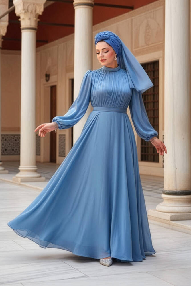 Tesettürlü Abiye Elbise - Drape Detaylı Mavi Tesettür Abiye Elbise 51072M - N.S NEVA STYLE