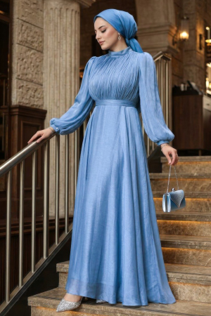 Tesettürlü Abiye Elbise - Drape Detaylı Mavi Tesettür Abiye Elbise 51072M 