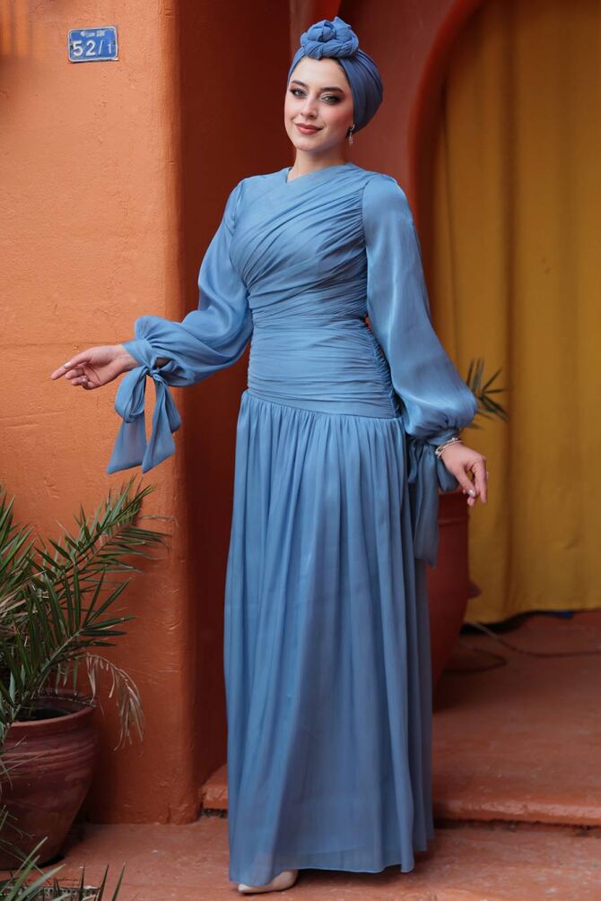 Tesettürlü Abiye Elbise - Drape Detaylı Mavi Tesettür Abiye Elbise 53631M - 3