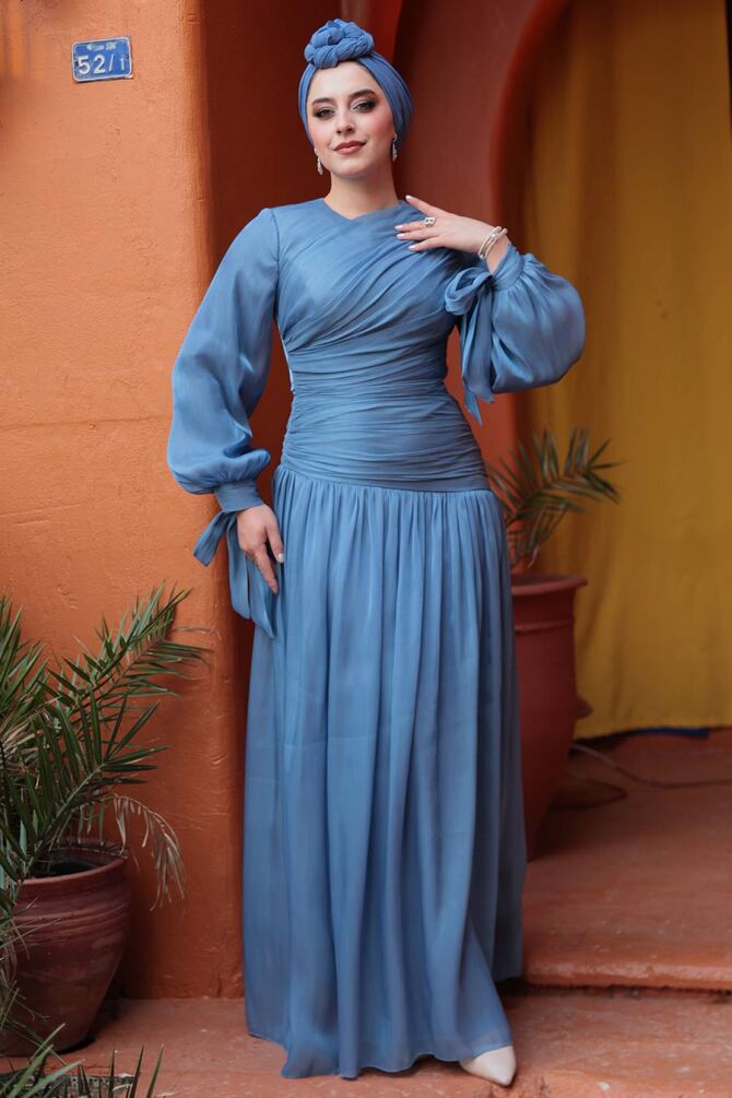 Tesettürlü Abiye Elbise - Drape Detaylı Mavi Tesettür Abiye Elbise 53631M - 2