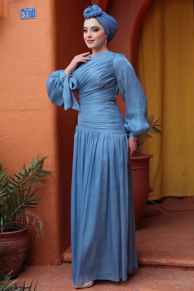 Tesettürlü Abiye Elbise - Drape Detaylı Mavi Tesettür Abiye Elbise 53631M - 1