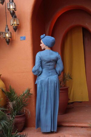 Tesettürlü Abiye Elbise - Drape Detaylı Mavi Tesettür Abiye Elbise 53631M - 4