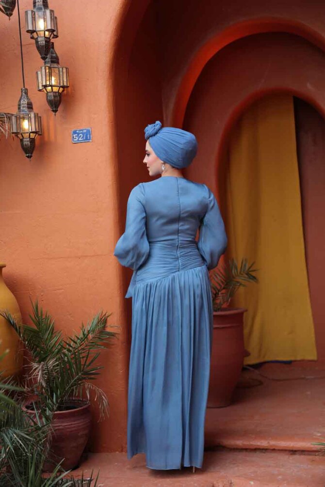 Tesettürlü Abiye Elbise - Drape Detaylı Mavi Tesettür Abiye Elbise 53631M - 4