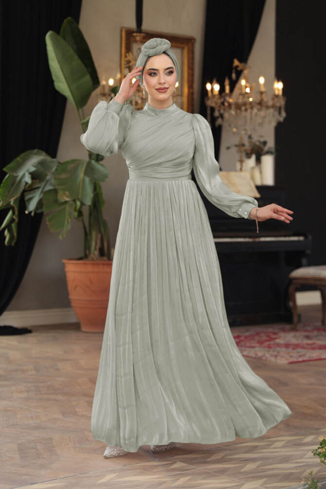 Tesettürlü Abiye Elbise - Drape Detaylı Mint Tesettür Abiye Elbise 44081MINT - 1